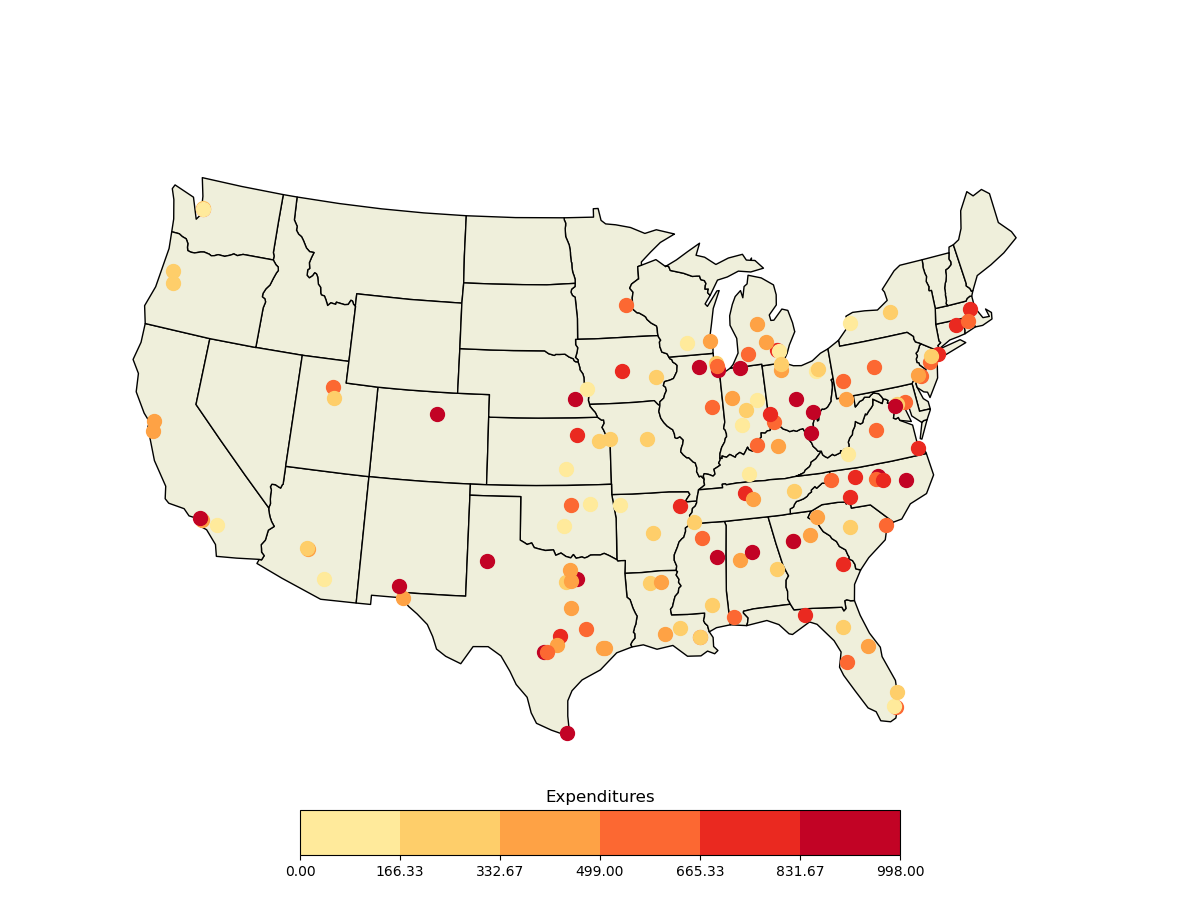 Map with markers of variable color and a colorbar as a legend