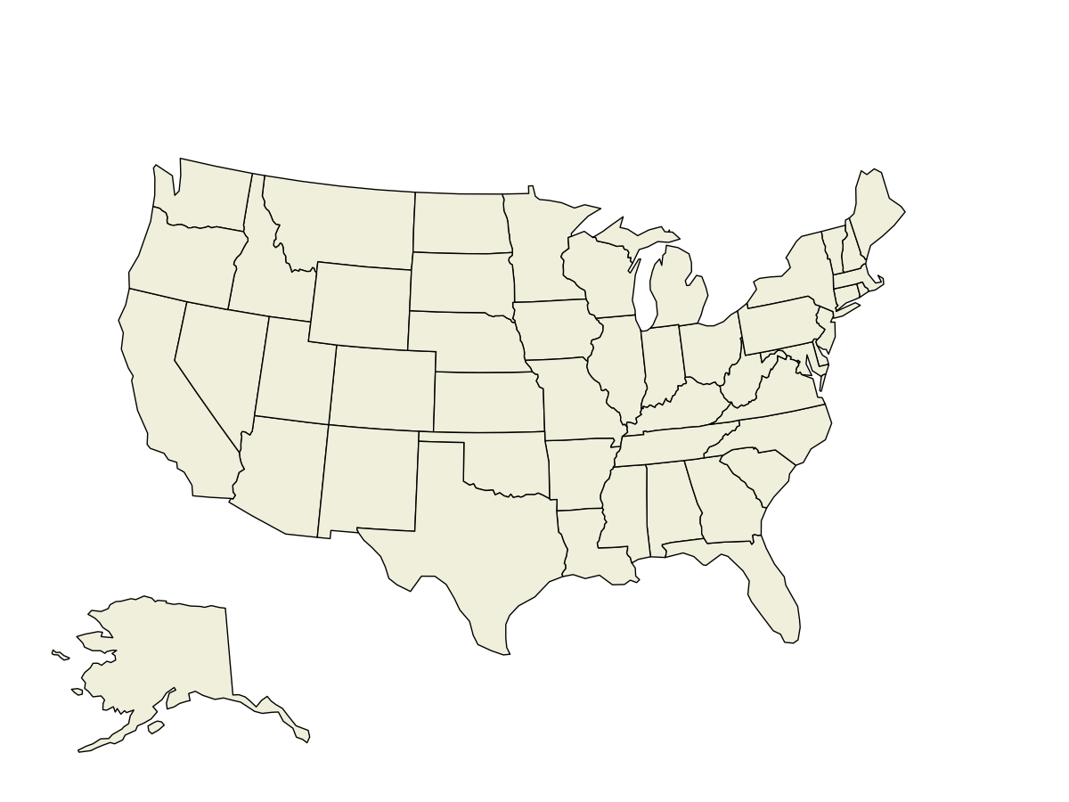 Map of the US with an insert in the bottom left showing Alaska